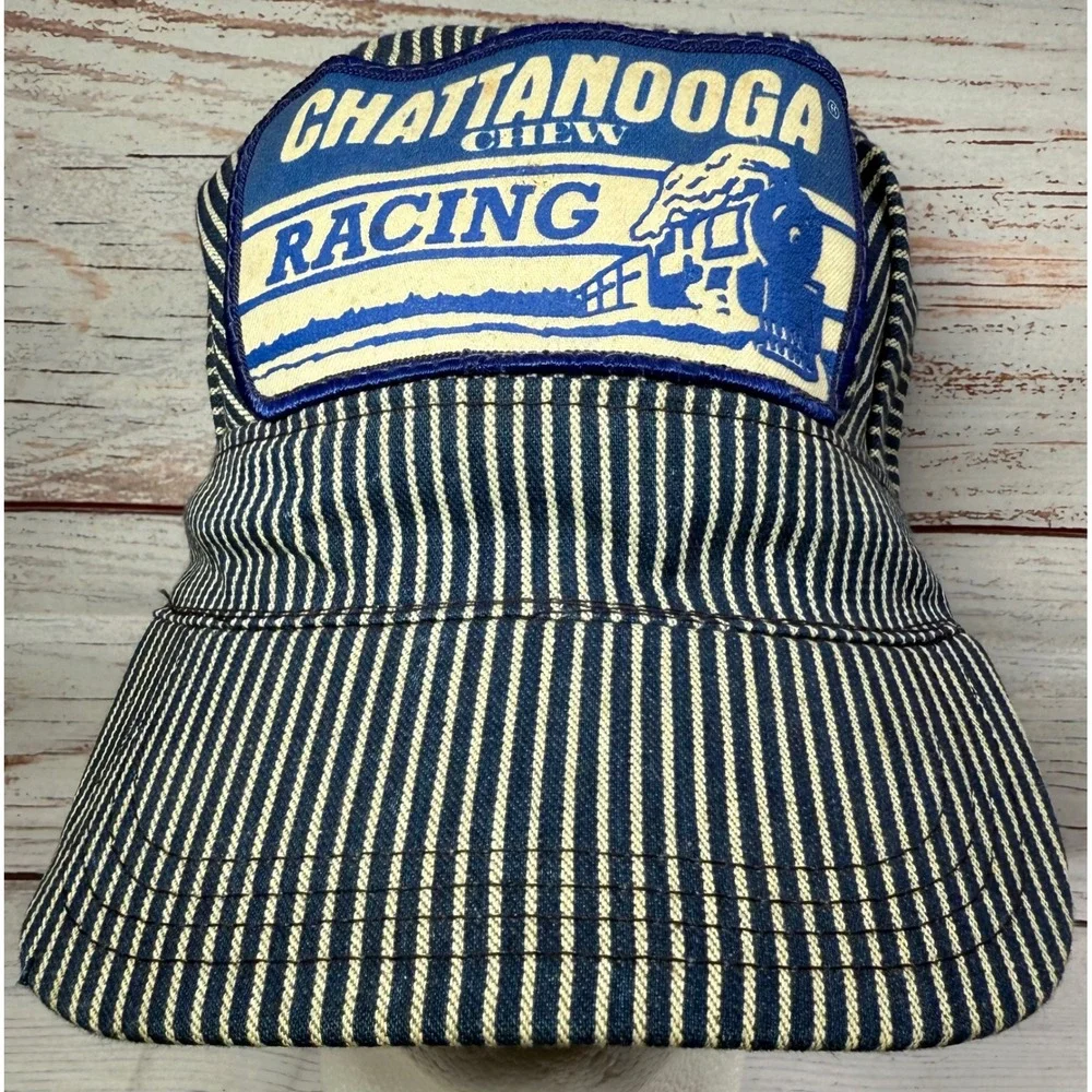 RARE Vintage Chattanooga Chew Racing Hat Hickory Stripe Engineer Snapback USA